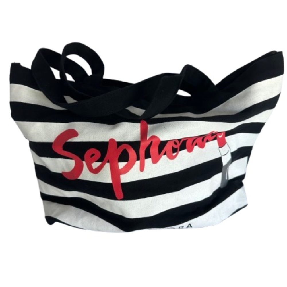 Sephora Womens Black White Striped Canvas Tote Bag Lipstick Graphic Shopper SZ M